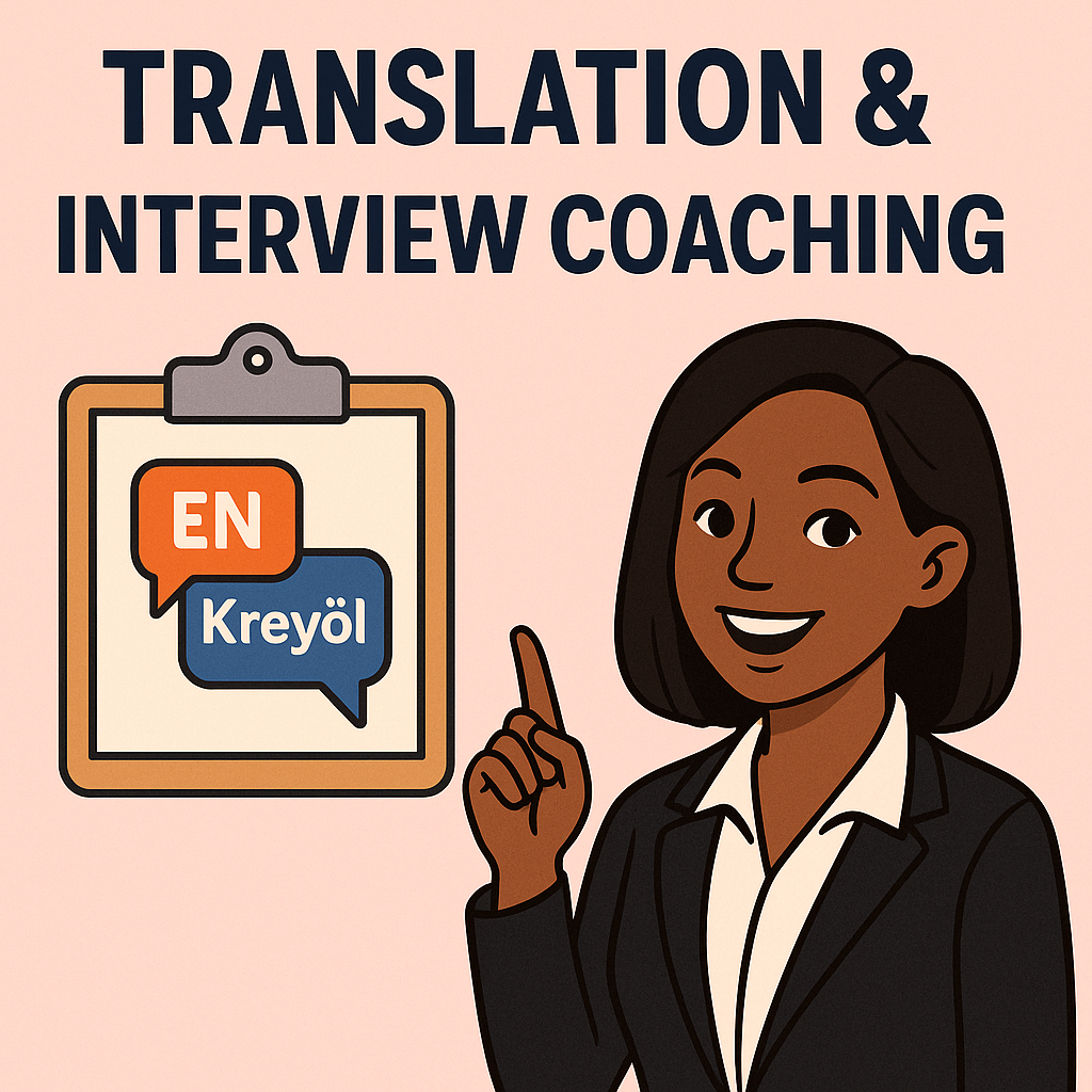 Flat-style digital illustration promoting translation and interview coaching services. Features open book with speech bubbles for English to Creole and Creole to English, and clipboard with checkmarks representing resume help and coaching.