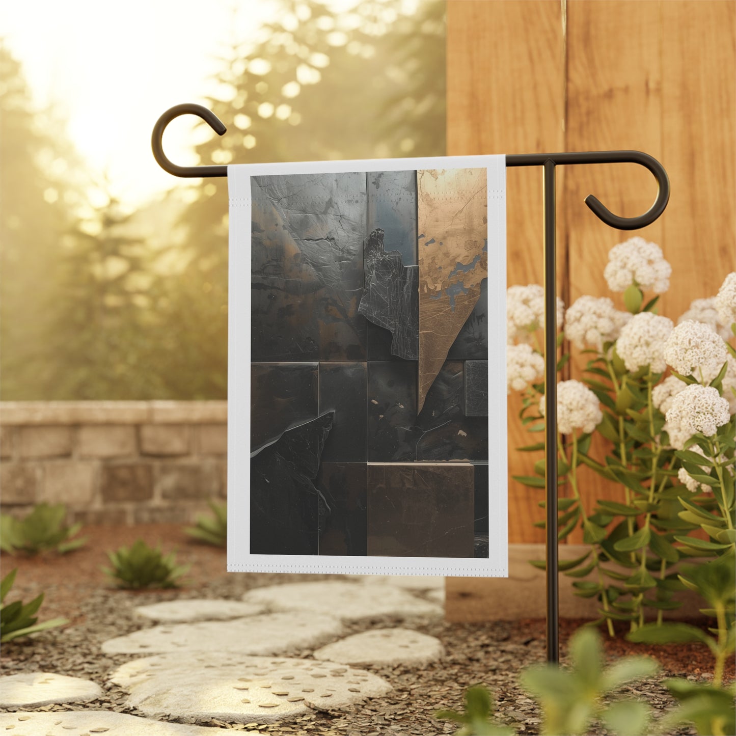 Metallic Abstract Garden Flag — Modern Bronze & Slate Decorative Yard Banner
