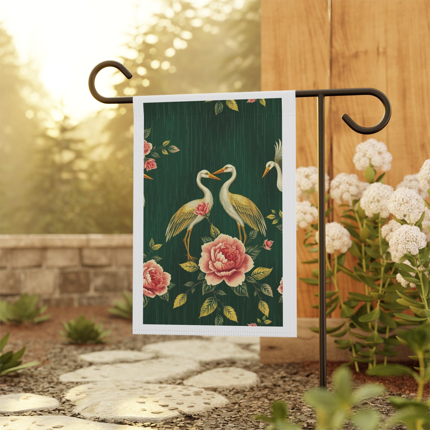 Heron & Peony Garden Flag — Elegant Outdoor House Banner