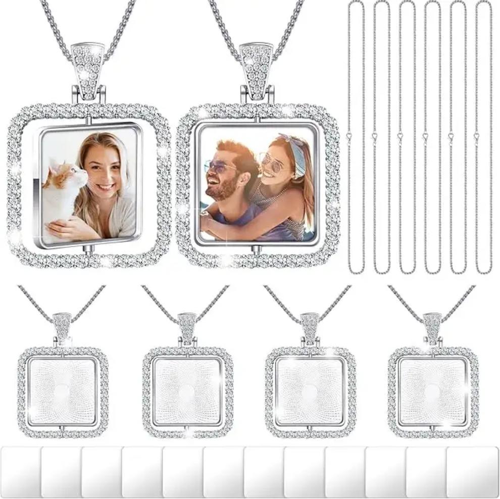 “Custom photo pendant necklace with diamond border silver personalized gift”