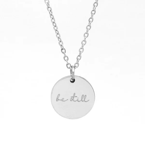 “Psalm 46:10 Be Still necklace gold round charm minimalist Christian jewelry”