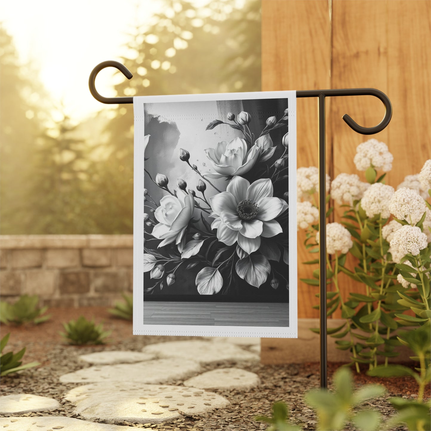 Monochrome Floral Garden Flag - Black & White Peony House Banner