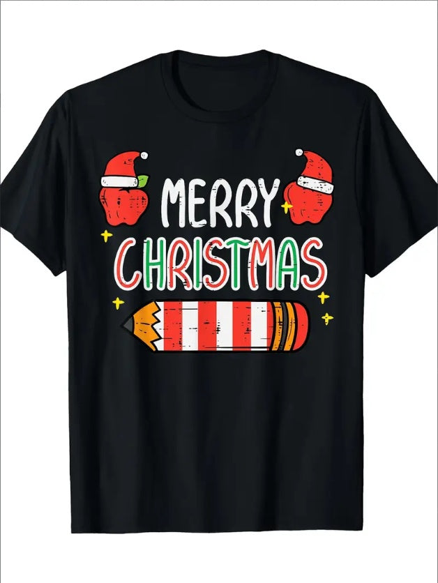 Merry Christmas Pencil Print  T-Shirt - Casual Fit, Machine Washable, Perfect Holiday Gift For Men & Women, Christmas Tshirt