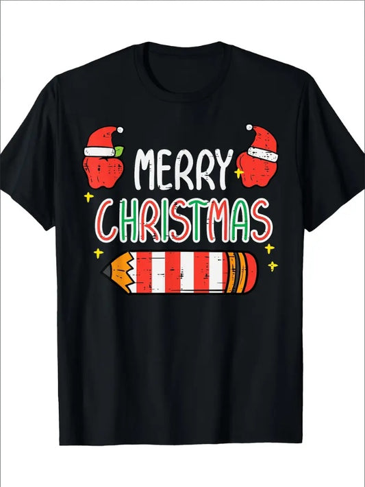 Merry Christmas Pencil Print  T-Shirt - Casual Fit, Machine Washable, Perfect Holiday Gift For Men & Women, Christmas Tshirt
