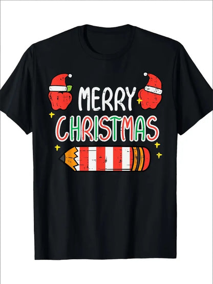 Merry Christmas Pencil Print  T-Shirt - Casual Fit, Machine Washable, Perfect Holiday Gift For Men & Women, Christmas Tshirt