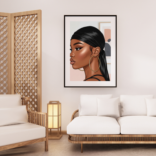 Digital wall art of a sleek Black woman in profile with long hair, modern and minimalist Afrocentric portrait.