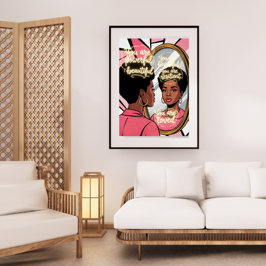 Digital wall art featuring a stylish Black woman with headwrap and sunglasses in bold pink and black tones – printable modern faith-inspired home decor.