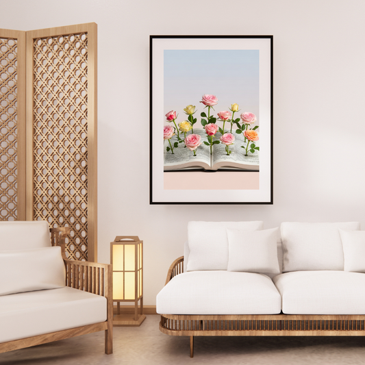 Christian wall art with pastel roses blooming from an open Bible
