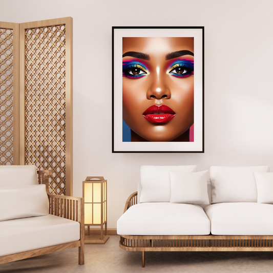 Digital wall art of a Black woman with bold colorful eye makeup and red lips, Afrocentric portrait