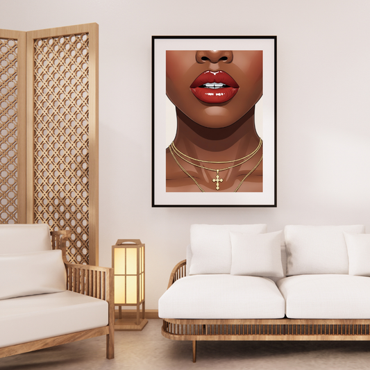 Digital wall art of glossy lips with layered gold necklaces and a cross pendant, bold modern Christian décor