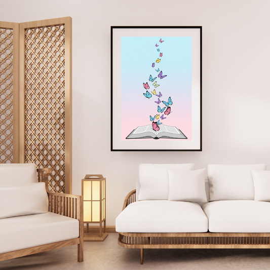 Digital wall art of colorful butterflies rising from an open book on a pastel background, Christian faith-inspired design