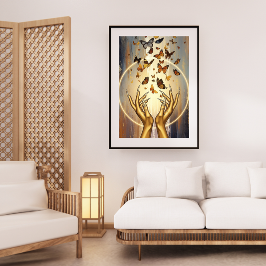Digital wall art of golden hands releasing butterflies into the sky, symbolizing healing, faith, and freedom.