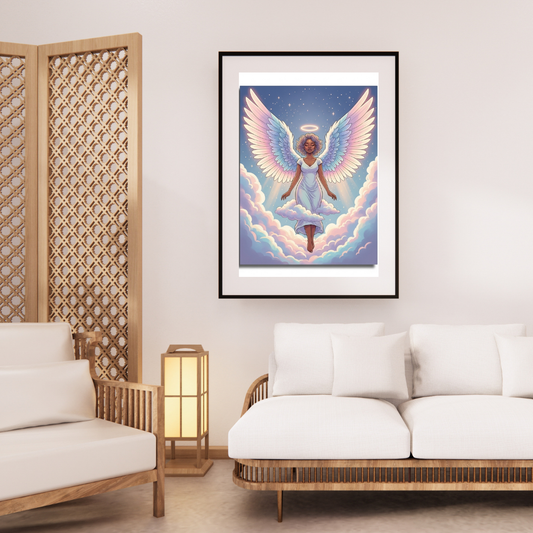 Digital wall art of a Black angel with rainbow wings and halo floating in glowing clouds