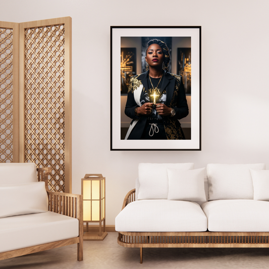 Digital wall art of a Black woman holding a glowing cross with sacred light behind her