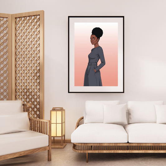 Digital wall art of an elegant Black woman in a blue dress with a natural bun, modern Afrocentric portrait.