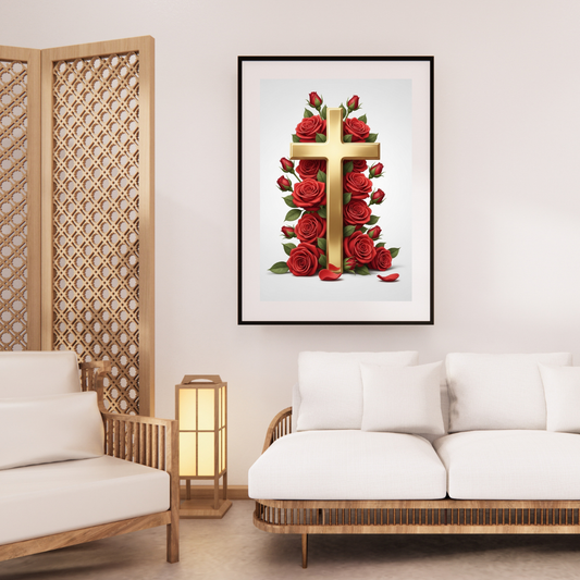 Faith-inspired cross wall art with red floral design, Christian printable home décor for digital download.