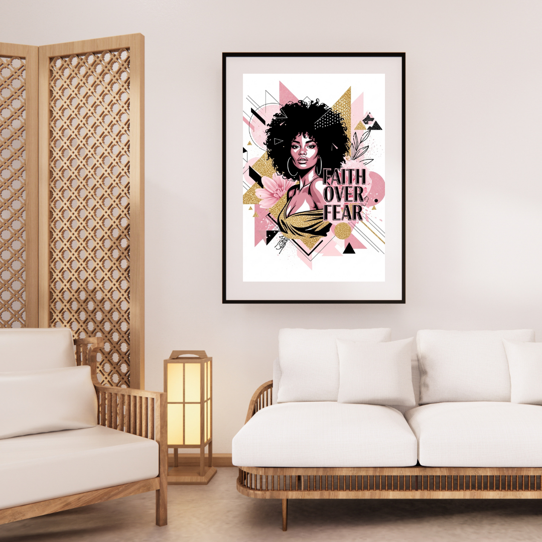 Faith Over Fear Afrocentric Christian wall art featuring a Black woman with natural hair, holding a book with bold inspirational text