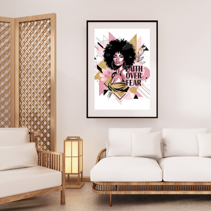 Faith Over Fear Afrocentric Christian wall art featuring a Black woman with natural hair, holding a book with bold inspirational text