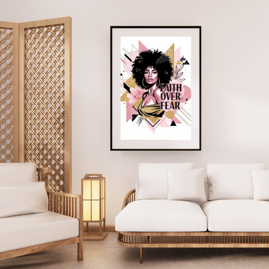 Faith Over Fear Afrocentric Christian wall art featuring a Black woman with natural hair, holding a book with bold inspirational text