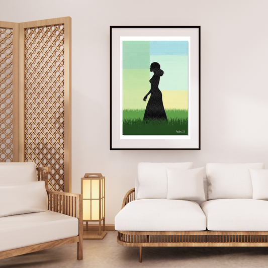 Digital Christian wall art showing a silhouette of a woman walking in a grassy field with pastel sky background