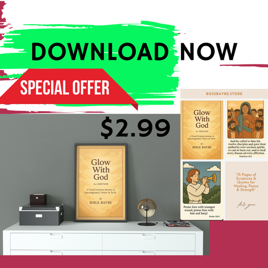 Glow With God eBook digital download featuring 76 pages of Bible verses, prayers, inspirational quotes, and peaceful visuals. Perfect for daily devotionals, quiet time, or gifting encouragement. Instant PDF download with email confirmation included for spiritual healing and renewal.