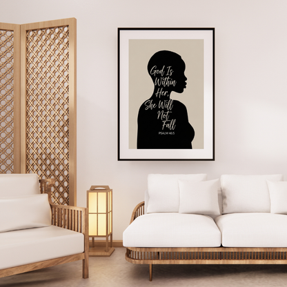 Digital wall art print of a woman’s silhouette with scripture text “God Is Within Her, She Will Not Fall – Psalm 46:5,” modern Christian décor.