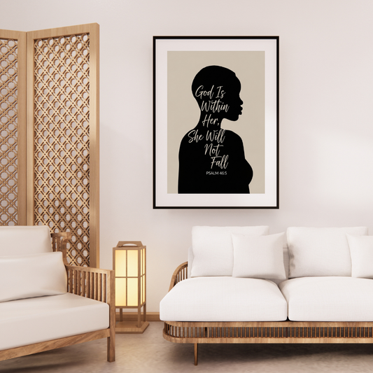 Digital wall art print of a woman’s silhouette with scripture text “God Is Within Her, She Will Not Fall – Psalm 46:5,” modern Christian décor.