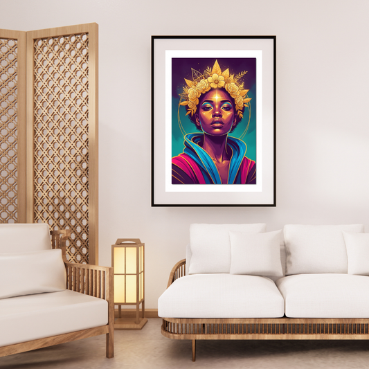 Digital wall art of a Black woman with a golden leaf crown, Afrocentric regal portrait in vibrant colors