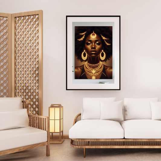 Digital wall art of a regal Black woman wearing golden jewelry, earrings, and crown-like adornments
