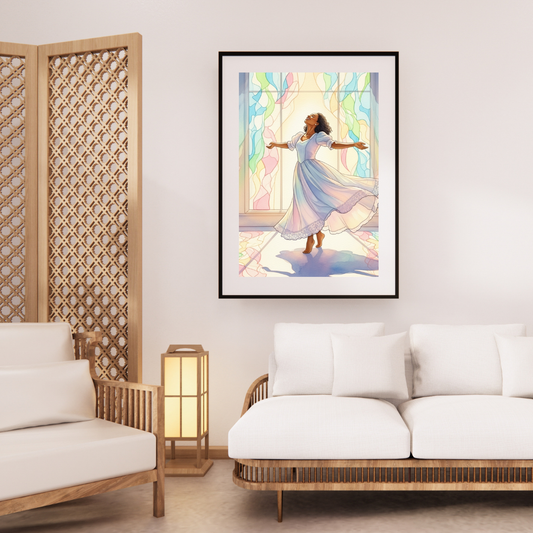 Graceful Praise Christian wall art of a woman in a flowing dress dancing joyfully in stained glass light