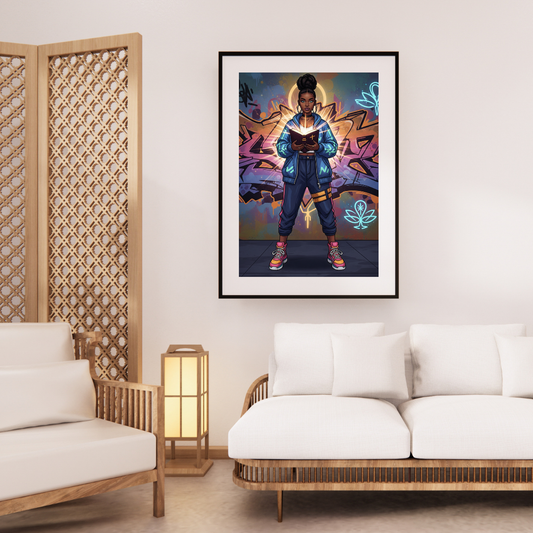Digital wall art of a young believer holding the Bible with neon graffiti background and glowing effects.