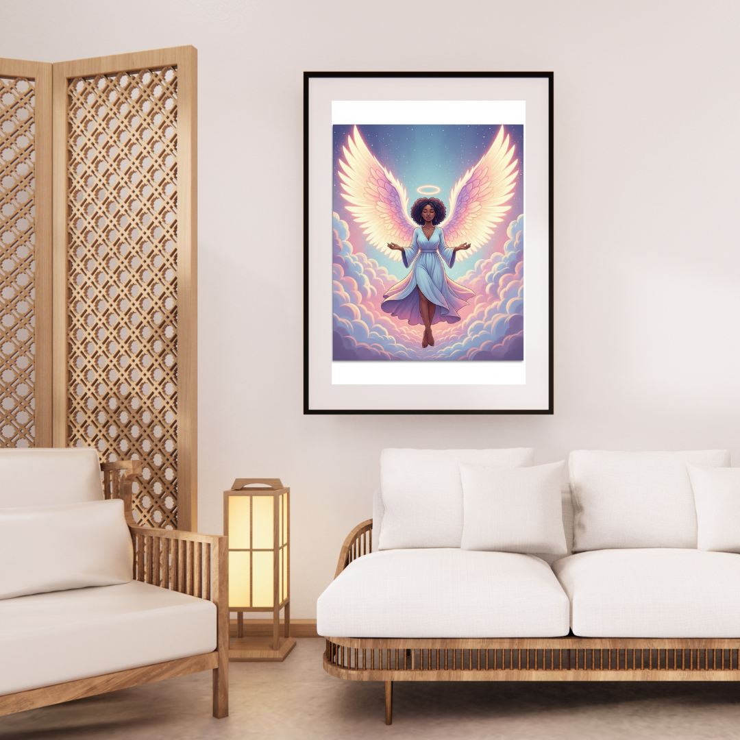 Digital Christian wall art of a Black angel with halo and radiant wings floating above the clouds