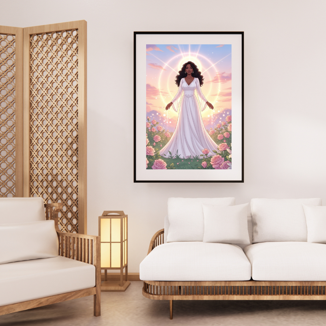 Digital wall art of a Black woman in a white dress standing among flowers with a glowing sunrise halo