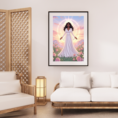 Digital wall art of a Black woman in a white dress standing among flowers with a glowing sunrise halo
