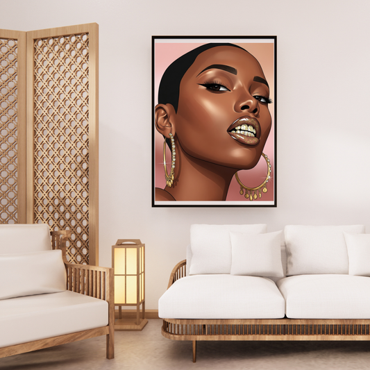 Digital wall art of a glamorous Black woman portrait with glowing melanin, symbolizing beauty, confidence, and empowerment.