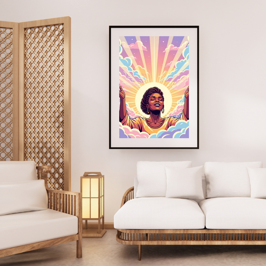 Digital art of a Black woman with natural bun, holding the Bible, with neon graffiti background.