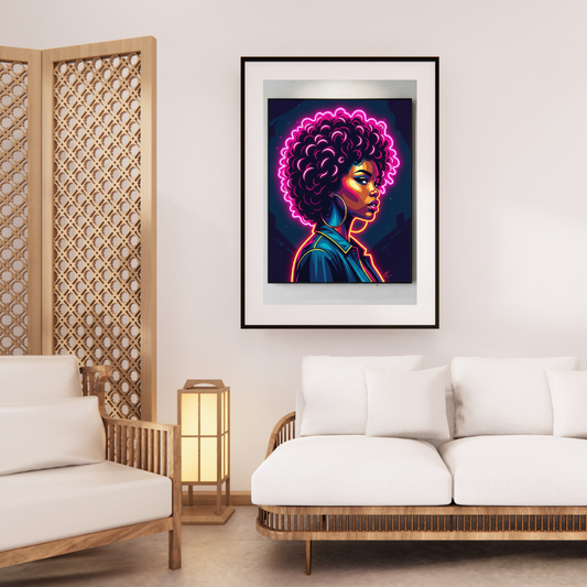 Digital wall art of a Black woman with a glowing afro and neon highlights, futuristic empowering portrait