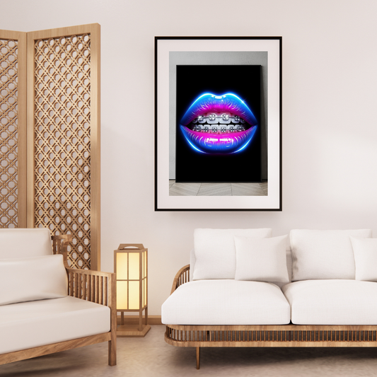 Digital wall art of neon glowing lips with braces on a black background, bold modern aesthetic