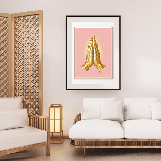 Digital wall art of golden praying hands on a pink background, Christian faith-inspired design