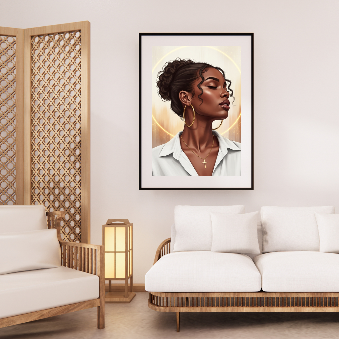 Digital wall art of a Black woman in profile with natural curls, hoop earrings, and a glowing halo behind her