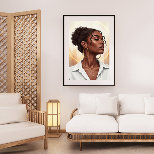 Digital wall art of a Black woman in profile with natural curls, hoop earrings, and a glowing halo behind her
