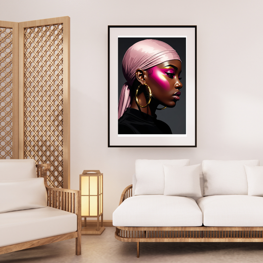 Digital wall art of a Black woman in side profile with a headwrap and glowing highlight, symbolizing culture, elegance, and empowerment.