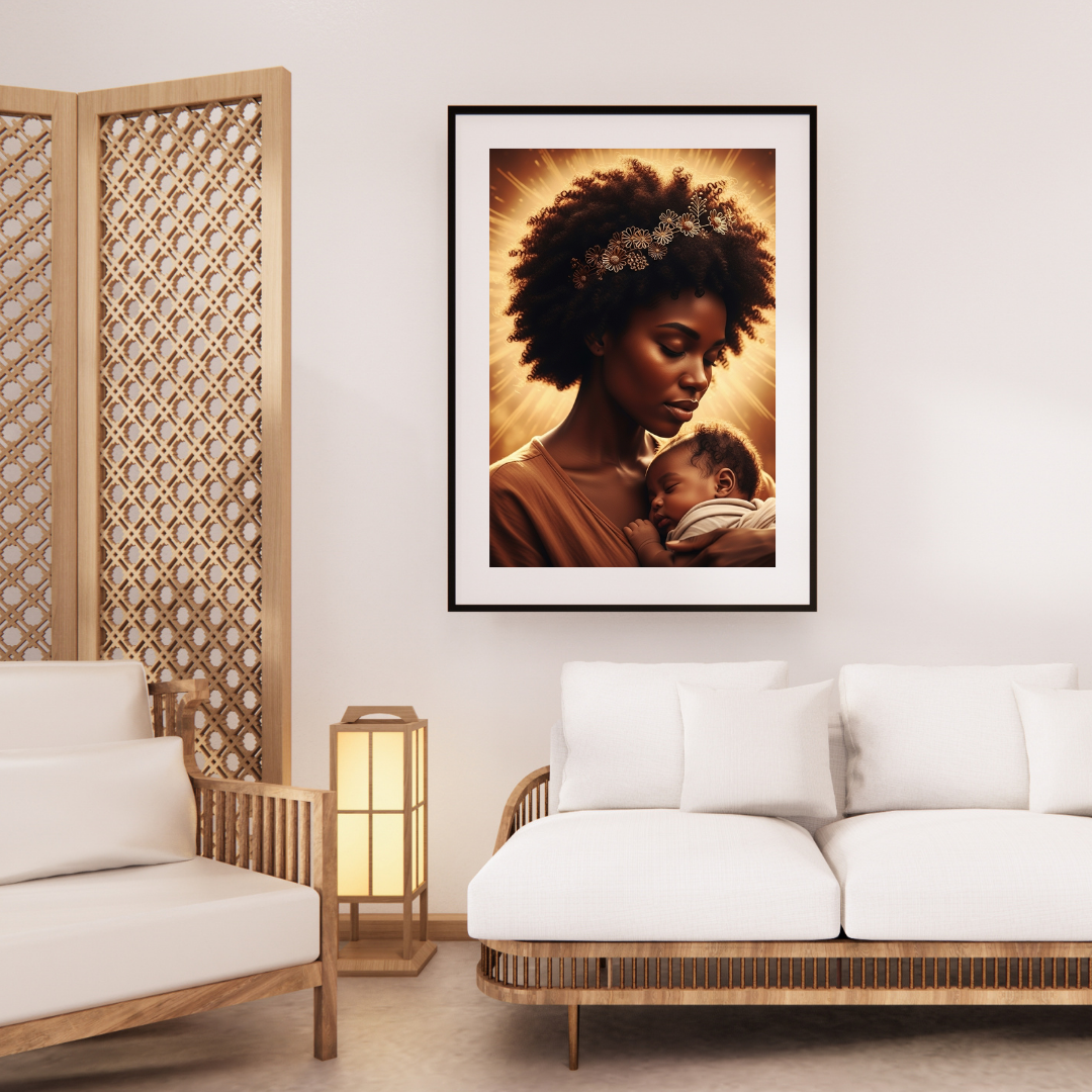 Digital wall art of a Black mother cradling her baby, surrounded by glowing golden light