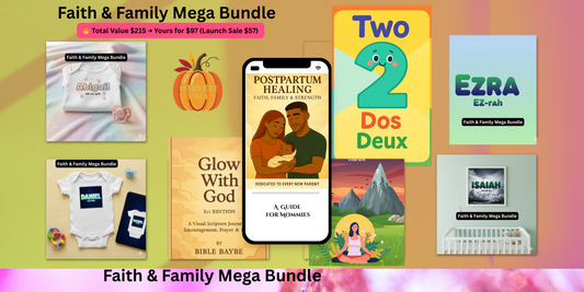 Faith & Family Mega Digital Bundle – includes postpartum healing guide, meditation videos, biblical baby name PDF and audio, flashcards, trivia games, AI prompts, resume template, holiday designs, and psalm songs – ultimate resource pack for moms and families."