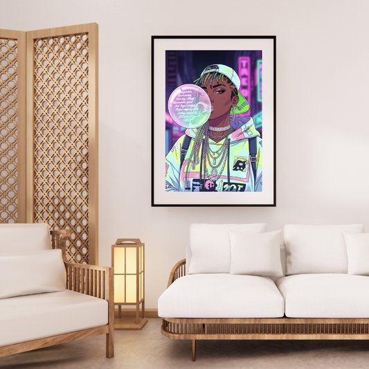 Digital wall art of a stylish Black girl blowing bubblegum in a colorful urban city background – Afrocentric street style print.
