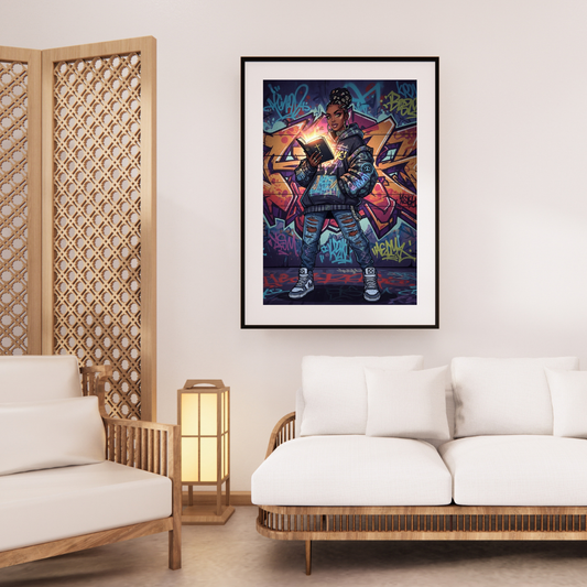 Digital wall art of a young Black figure holding a glowing Bible, standing in front of vibrant graffiti, urban hip-hop faith-inspired design.